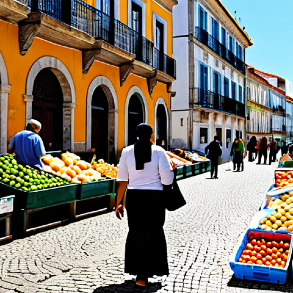 Zero Waste Grocery Shopping in Portugal**

A vibrant, bustling Portuguese market scene. A woman, fully clothed in modest attire, shops for groceries with reusable bags and containers. She's purchasing fresh produce, grains, and other items from vendors offering products without excessive packaging. Background includes traditional Portuguese architecture and signage in Portuguese. Safe for work, appropriate content, professional photography, perfect anatomy, natural proportions, family-friendly.

**