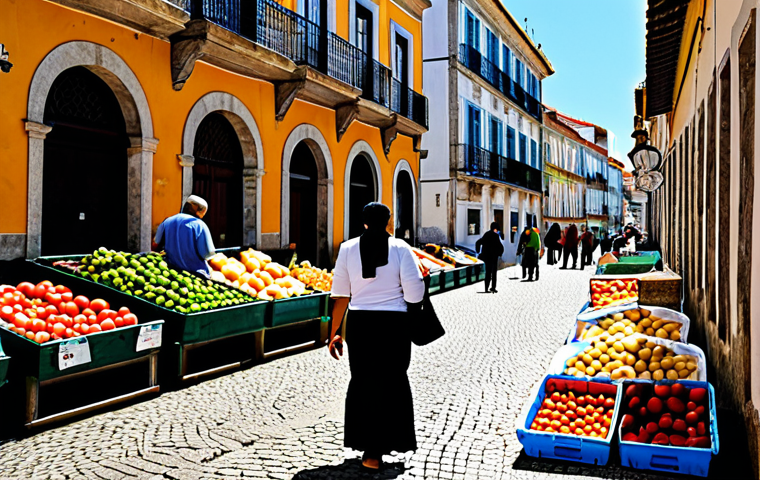 Zero Waste Grocery Shopping in Portugal**

A vibrant, bustling Portuguese market scene. A woman, fully clothed in modest attire, shops for groceries with reusable bags and containers. She's purchasing fresh produce, grains, and other items from vendors offering products without excessive packaging. Background includes traditional Portuguese architecture and signage in Portuguese. Safe for work, appropriate content, professional photography, perfect anatomy, natural proportions, family-friendly.

**