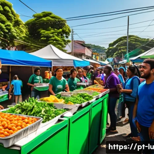 제로웨이스트 실천을 위한 커뮤니티 리더십 - A vibrant community gathering outdoors in a Brazilian neighborhood market, featuring diverse people ...