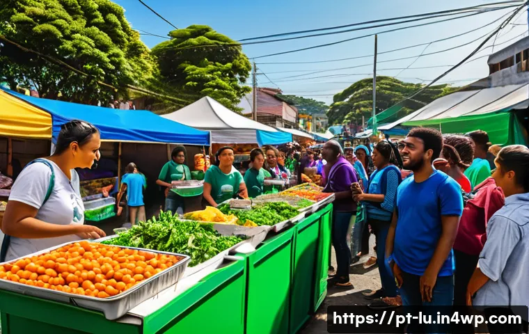 제로웨이스트 실천을 위한 커뮤니티 리더십 - A vibrant community gathering outdoors in a Brazilian neighborhood market, featuring diverse people ...