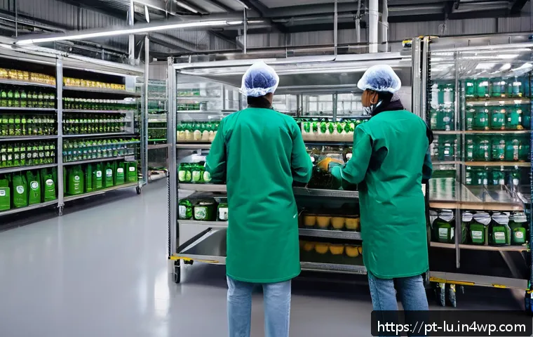 제조업에서의 제로웨이스트 적용 사례 - A modern Brazilian food processing factory interior showcasing sustainable logistics practices: work...