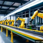 제로웨이스트 산업의 기술 혁신 - A modern Brazilian industrial factory interior showcasing intelligent automation systems in action: ...