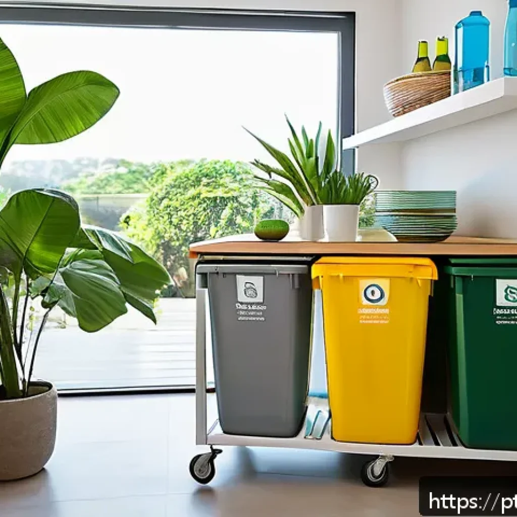 제로웨이스트 제품 리사이클링 시스템 - A bright and organized zero waste recycling station inside a modern Brazilian kitchen, featuring col...