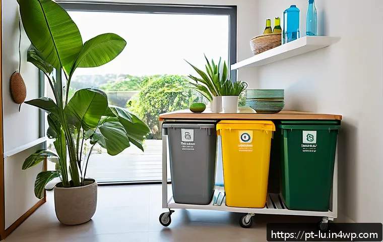 제로웨이스트 제품 리사이클링 시스템 - A bright and organized zero waste recycling station inside a modern Brazilian kitchen, featuring col...