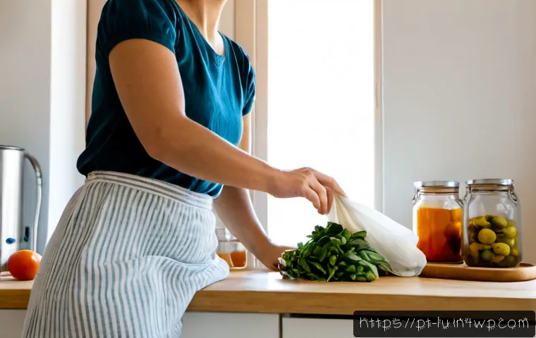 제로웨이스트와 재활용의 차이점 - Photorealistic zero-waste kitchen scene in a bright Portuguese apartment, a woman placing fresh vege...