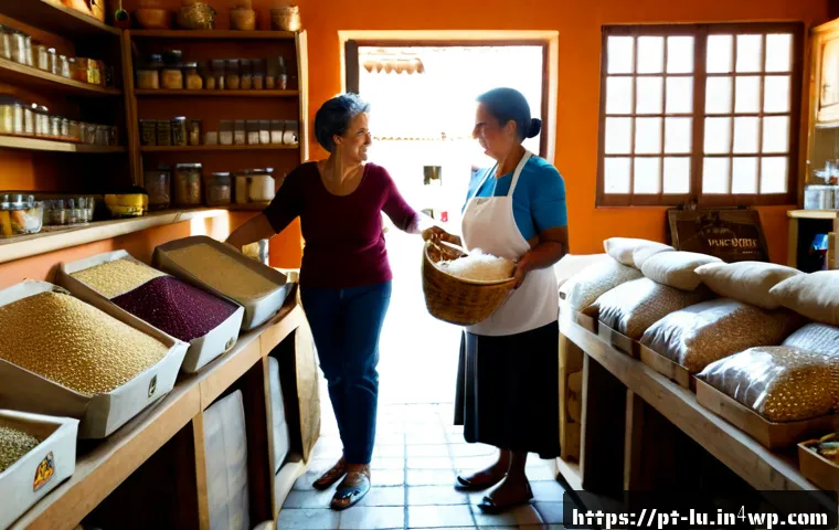 Home 17 제로웨이스트 운동의 문화적 영향 - Photorealistic morning scene in a welcoming Portuguese neighborhood bulk-food shop, a diverse group ...